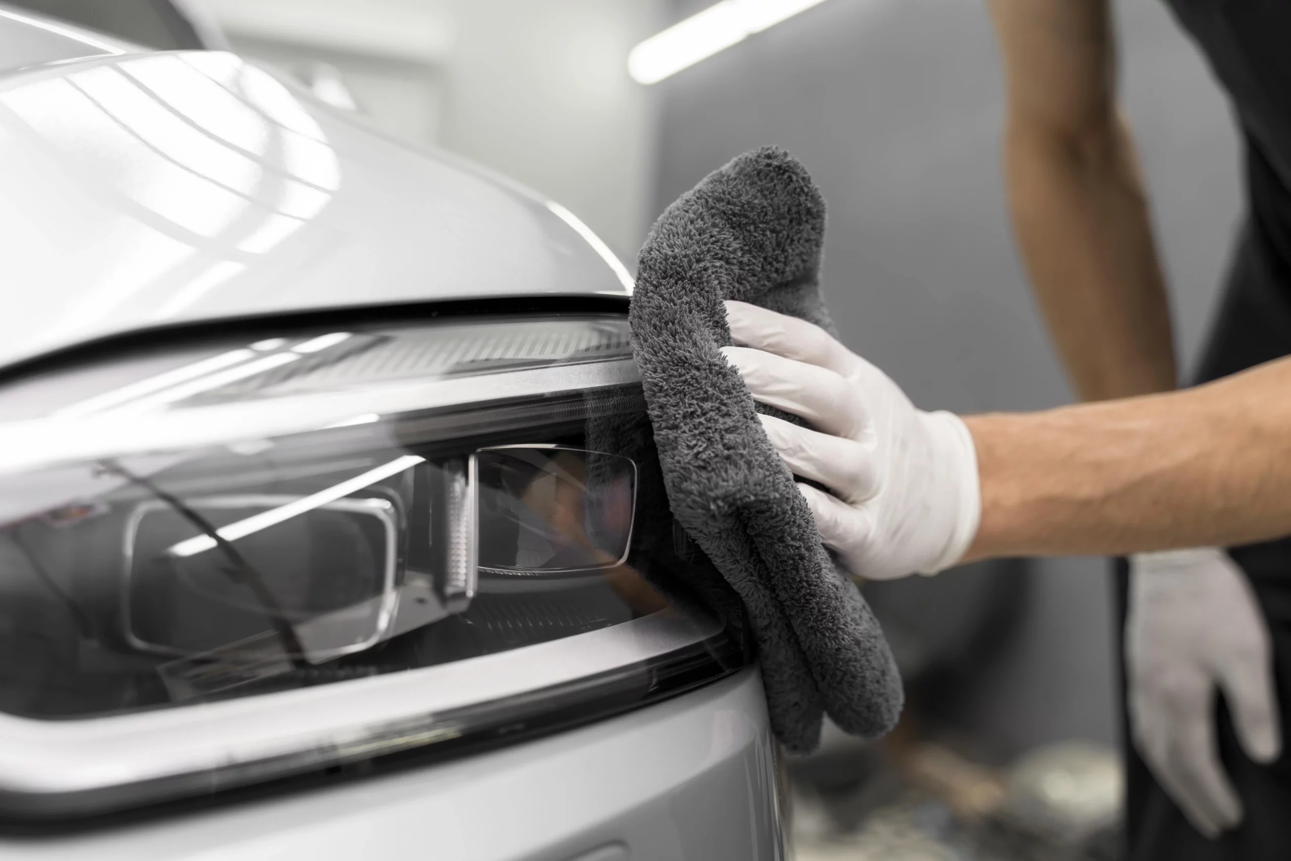 nettoyage d'un extérieur de voiture à la main avec un chiffon